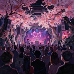 sakura cave night club. heavily stylized, gouache painting by indie cartoonist. backlighting, chiaroscuro, intricate details, field of depth.