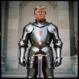 photo of donald trump, kodak portra 4 0 0, donald trump wearing a suit of knight ’ s armor, two arms, two legs, symmetrical face, donald trump ’ s face, donald trump, donald trump holding a mythical sword