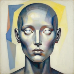 asymmetrical portrait headshot of sci fi metallic human, bright eyes, melancholic complex geometric figure liminal biomechanical by oskar schlemmer, moebius, john berkey, film grain, oil on canvas, portrait facial head, featured on artstation, hd wallpaper, 8 k, bright colors, global radiant light