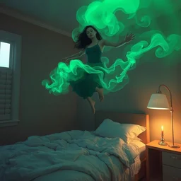 a woman floating abover her bed at night, astral projection, green smoke?...! surreal concept art, lifelike, photorealistic, digital painting, aesthetic, smooth, sharp focus, artstation hd, artgerm and by greg rutkowski, bruce pennington, valentina remenar, rhads, asher duran,