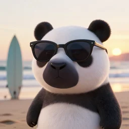 a closeup photorealistic photograph of a cute stylish panda themed hippopotamus wearing cat-eye sunglasses at the beach during sunset. Surf in the background. This 4K HD image is Trending on Artstation, featured on Behance, well-rendered, extra crisp, features intricate detail and the style of Unreal Engine.