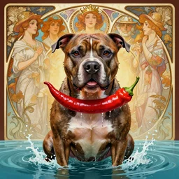portrait pitbull mr. worldwide holding a chilli - dog, drenched body, wet dripping, hands hidden under the chilli - dog, emerging from the water, fantasy, regal, intricate, by stanley artgerm lau, greg rutkowski, thomas kindkade, alphonse mucha, loish, norman rockwell