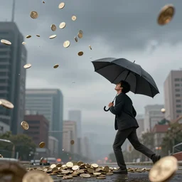 coins falling from the sky and hits a man with a umbrella in a city, realistic art, artstation
