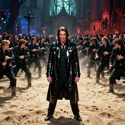 nick cave as sandman from dc comics fighting a large crowd, black trenchcoat, specular highlights, global ilumination, scary atmospheric lighting, sharp focus, vivid color scheme, gothic fantasy art by cristian sauret, greg rutkowski, lee bermejo, carlos huante, artgerm, makoto shinkai and clay mann
