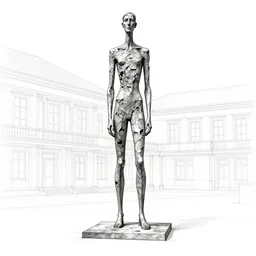 architectural blueprint of a public sculpture, human figure in the style of giacometti, drawn to scale with orthographic views