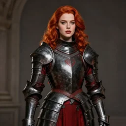 Katherine McNamara as a Knight, Black and Red plate armor, high fantasy, no helmet, alluring, redhead, realistic, by Leng Jun, by Frank Franzzeta, trending on Artstation, artstationHD, artstationHQ, cgsociety, deviantart