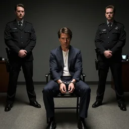 tom cruise handcuffed to a chair, interrogated in a dimly lit room, secret service agents stand before tom, lie detector test, suspenseful lighting