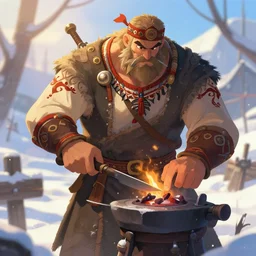 Beautiful detailed high quality illustration of an old Slavic blacksmith, very strong and muscular man, a lot of Slavic decor elements and cloth::vibrant winter, romantic mood, morning sunlight::art by Ghibli Studio, League of Legends, Arcane, Wild Rift, trending on artstation::single body, no artefacts