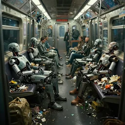 cyberpunk detail painting of subway car full of garbage with sleeping humanoid robots, dramatic lighting, highres textures, strong volumetric lighting, strong subsurface scattering, scifi movie from weta digital, ilm, digital domain, by brian froud, by stan stalenhag, raytracing