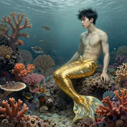 harmony under water, colorful coral, black haired yoongi golden glimmering mermaid, muted colors, wlop, james jean, victo ngai, highly detailed, fantasy art by craig mullins, thomas kinkade
