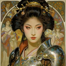 realistic detailed face portrait of a beautiful futuristic warrior geisha in alien samurai armor by alphonse mucha, ayami kojima, amano, greg hildebrandt, and mark brooks, female, feminine, art nouveau, geisha samuari cyberpunk, neo - gothic, gothic, character concept design