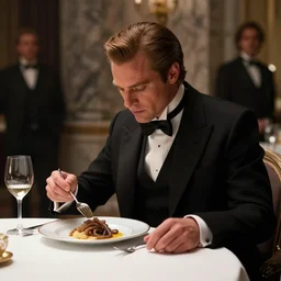 dune movie concept art aristocrat in elegant black suit eating dish with cooked sandworm on a plate, marble interior, wine glass, soft lighting, dark color scheme, art by gary jamroz simon goinard henrik sahlstrom devon cady - lee, sideways shot, white tablecloth, volumetric lighting, octane render, commission art, 8 k resolution