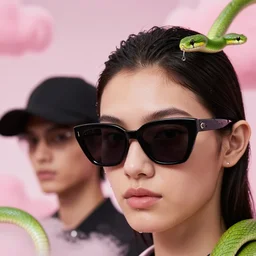 close - up, one fashion model in sunglasses and another one model with hat and without sunglasses, pink clouds background, green snakes, hyper detailed, photo realistic, vouge style photo, drops of clean water