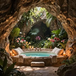 cozy bathhouse hidden in a cave, candlelight, towels, cushions, natural light, lush plants and flowers, elegant, intricate, fantasy, atmospheric lighting, digital painting, Greg Rutkowski concept art