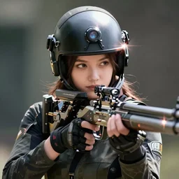 of a beautiful sniper girl in war, with futuristic gear and helmet, portrait, hoding a arrowgun, in the style of greg rutkowski, artstation, high quality art, lighting flare effect
