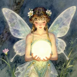 study of a flower fairy, holding glowing white orb in hands, illustration, watercolor, alan lee, detailed, pretty, ethereal, realistic, refined, beautiful, artstation,