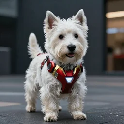“Anthropomorphic West-Highland-White-Terrier iron man, strong, powerful, No helmet, UHD, hyperrealistic render, 4k, cyberpunk”