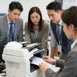 a group of businessmen and women gathered around a canon copier, they are typing into a computer information and looking at the copier canon eos c 3 0 0, ƒ 1. 8, 3 5 mm, 8 k, medium - format print