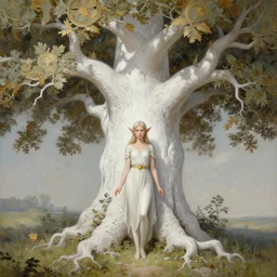painting of elf in front of a white oak, decorated, intricate, elegant, highly detailed, digital painting, artstation, concept art, smooth, sharp focus, illustration, art by artgerm and greg rutkowski and alphonse mucha, 8 k