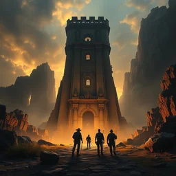epic masterpiece of cinematographic hyperrealism where a group of archeologists appears in front of the dread tower. realistic shaded lighting poster by craig mallismo, artgerm, jeremy lipkin and michael garmash, unreal engine, radiant light, detailed and intricate environment, digital art, art station trends