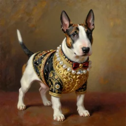 the royal king's bull terrier by greg hildebrant lisa frank fancy rococo baroque regal canine dog puppy oil painting high quality award winning clothed in fancy garb