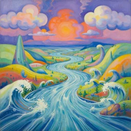 Psychedelic sci-fi dreamworld. Landscape painting. Organic. Winding rushing water. Waves. Clouds. Wayne Thiebaud
