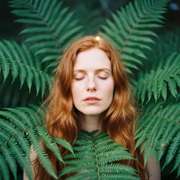 An analog head and shoulder frontal face portrait photography of a redhead woman behind multiple big fern leaves by Annie Leibovitz. Long hair. eyes closed. Kodak Portra 800 film. Sunshine. detailed. hq. realistic. warm light. muted colors. lens flare. Leica M9, f/1.4, ISO 800, symmetrical balance, in-frame