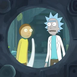 rick and morty breaking the out of the cartoon simulation through a portal through the camera