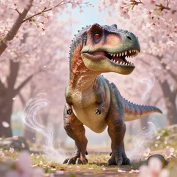 real photograph of a hyperrealistic ultradetailed t - rex surrounded by cherry blossoms, cute, posed, surrounded by magic wisps, made by wlop, trending on artstation, lifelike dinosaur, dreamlike, scientifically accurate, 3 d, extremely immersive, sharp focus, art by studio ghibli
