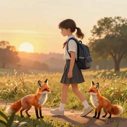 a young girl walking to school with her pet fox, matte painting in the style of Greg Rutkowski, early morning light, sunrise, golden hour, trending on artstation
