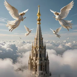 the spire has reached unimaginable heights up amongst the clouds and angels, beautiful detailed, cinematic, strong lighting, hi - fructose art magazine, by anton fadeev and paul lehr and david heskin and josan gonzalez, 8 k