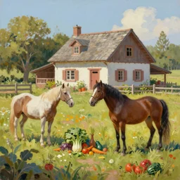 gorgeous old classic farm, vegetables, one beautiful horse, cute farmhouse, fairy tale, slightly vibrant palette, trending on artstation, digital art, oil on canvas, by lulu chen and lynn chen