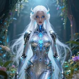 holy cyborg necromancer girl, elegant, scifi, futuristic, utopia, garden, atmosphere, white hair, blue eyes, extreme detail, glow, intricate, full of colour, cinematic lighting, trending on artstation, detailed, 4 k, art by martin dubeau