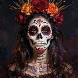 illustration of a sugar skull day of the dead girl, art by edmund blair leighton