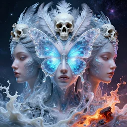 3 d goddess butterfly face portrait, phantom face in the center, bioluminescent, liquid fluid beautiful transculent intricate highly detailed quetzalcoatl skull and feathers. ice, galaxy, plasma, lava, milk, artwork by tooth wu and wlop and beeple and greg rutkowski, 8 k trending on artstation, volumetric lighting