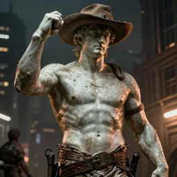 cyberpunk wild west, dramatic lighting, city background, chiaroscuro, high detail, michelangelo, trending on artstation