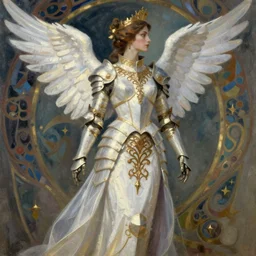 full body portrait of a queen wearing white armor with ornate bronze and gold, white gossamer wings, art nouveau, profile, 4K, character concept art, oil painting, trending in artstation, cgsociety, by nekro, Alphonse Mucha, Brom, Artgerm