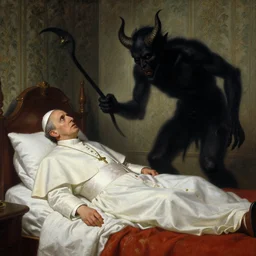 the pope is in his bed, terrified, because a double horned shadow demon is in the wallpaper of the bedroom. highly detailed painting by gaston bussiere, j. c. leyendecker, greg rutkowski, craig mullins 8 k