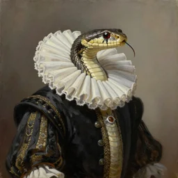 oil painting of a photorealistic snake wearing an elizabethan ruff