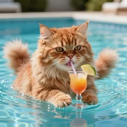 a red persian cat drinking a cocktail at the swimming pool, fantasy style, 5 k, octan render, ultrarealistic