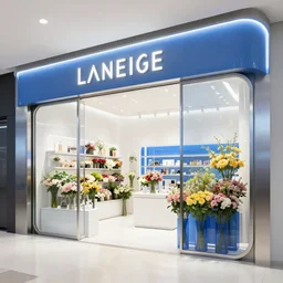 flower retail shop made of laneige cosmetic flagship store, stainless steel and blue color glass, white schema