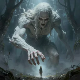 an immense beautiful terrifying pale humanoid giant reaches out to grasp a tiny human. ethereal horror fantasy art by greg rutkowski and magali villanueve