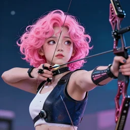 close up, attractive sports woman in archery, arrows and bow in action, a grungy cyberpunk anime, very cute, by super ss, curly pink hair, night sky by wlop, james jean, victo ngai, highly detailed