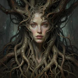 an epic highly detailed illustration of a gorgeous woman's face and massive intertwining tree roots for her body, in the style of drew struzan and algernon blackwood, realistic digital painting, muted color, brutalist futuristic, cinematic lighting, trending on artstation