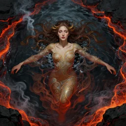 deep meaning, many details, story, perfectly-centered-Portrait of the most beautiful woman on the planet floating in the river of lava,  smoke, shadows,intricate, highly detailed, digital painting, artstation, concept art, smooth, sharp focus, illustration, Unreal Engine 5, 8K, art by artgerm and greg rutkowski and alphonse mucha