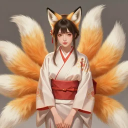 A beautiful digital painting of a beautiful young woman with fox ears and nine fox tails wearing a kimono, by Stanley Artgerm Lau, WLOP, Rossdraws, LeraPi, and Sakimichan, tranding on artstation, SFW version