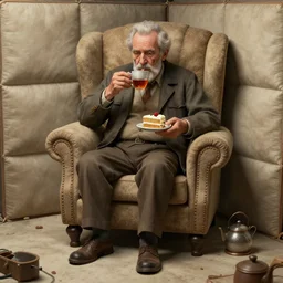 old man sat eating cake and drinking a cup of tea in a large comfy chair in a padded cell, ultra realistic, concept art, intricate details, highly detailed