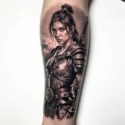 tattoo design on white background of a beautiful girl warrior, hyper realistic, realism tattoo, by eliot kohek