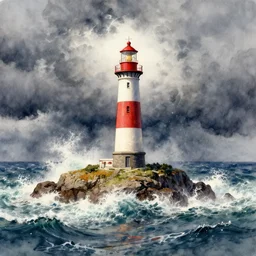 a watercolor painting of a single lighthouse in a small rocky island during a violent storm by william turner, high quality, highly detailed, digital painting, masterpiece, turbulent sea, dramatic lighting, cinematic, centered, watercolor, william turner style, 4 k