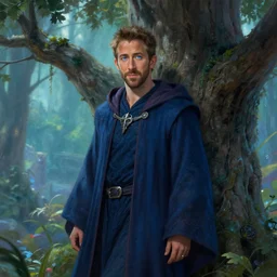 ryan reynolds wearing wizard robes leans against a magical tree romance blue eyes novel fantasy artwork epic detailed and intricate digital painting trending on artstation by wlop octane render